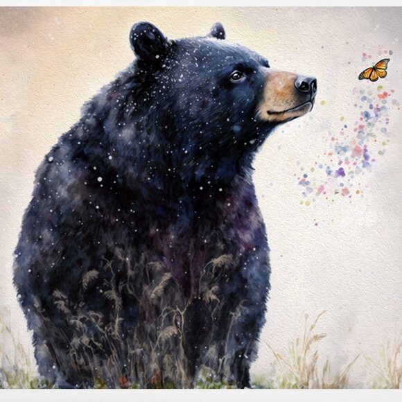 20x30 Black Bear with Butterfly Watercolor Oil Painting Large Poster - Picture 3 of 4